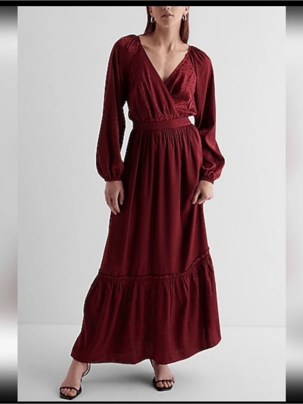 Express holidaySatin Floral Jacquard V-Neck long sleeves Tiered Maxi Dress S